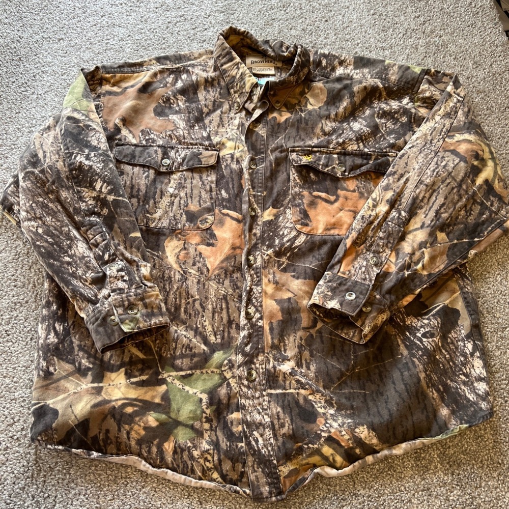 Browning camo Button Shirt Mens Large Brown Mossy Oak Hunting outdoor streetwear